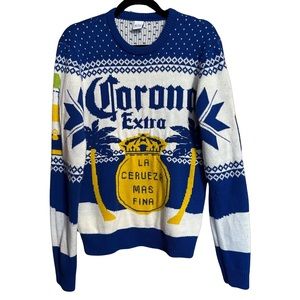 Corona Beer Knit Christmas Holiday Blue White Crewneck Acrylic Ugly Sweater M